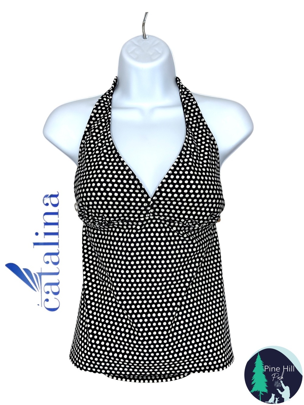 Catalina Halter Tankini Top Black White Polka Dot Large 12-14 Removable Pads EUC
